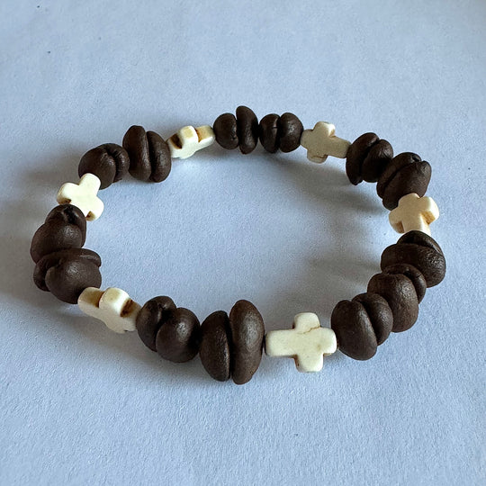 Handmade Natural Coffee Bean & White Turquoise Collection Bracelet - Eco-friendly Stretch Beaded Bracelet, Unique Coffee Themed Jewelry For Men And Women