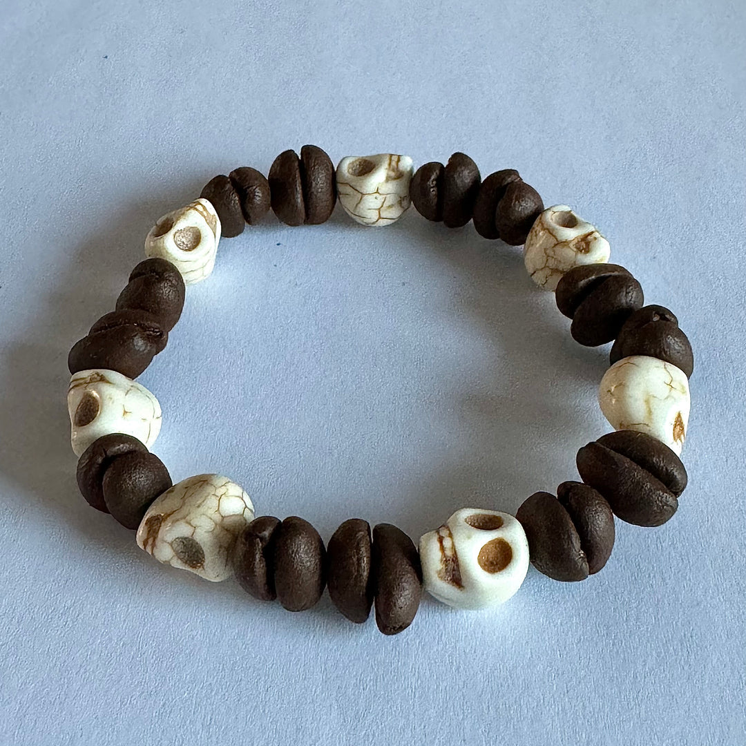 Handmade Natural Coffee Bean & White Turquoise Collection Bracelet - Eco-friendly Stretch Beaded Bracelet, Unique Coffee Themed Jewelry For Men And Women