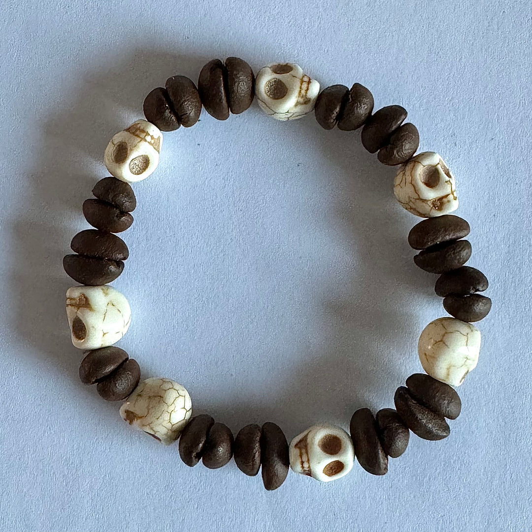 Handmade Natural Coffee Bean & White Turquoise Collection Bracelet - Eco-friendly Stretch Beaded Bracelet, Unique Coffee Themed Jewelry For Men And Women