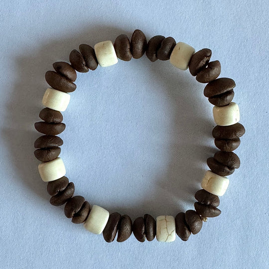 Handmade Natural Coffee Bean & White Turquoise Collection Bracelet - Eco-friendly Stretch Beaded Bracelet, Unique Coffee Themed Jewelry For Men And Women