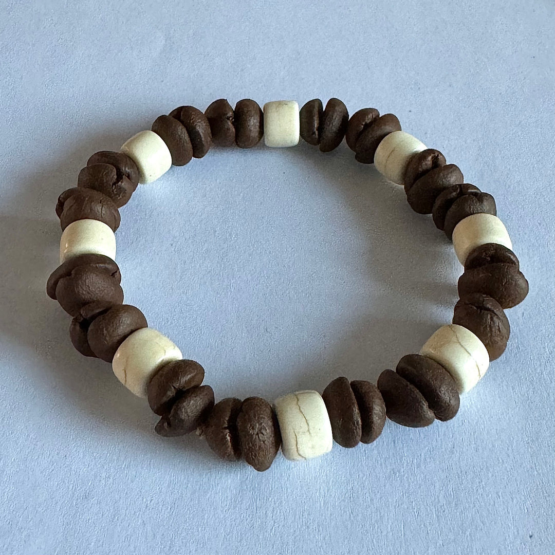 Handmade Natural Coffee Bean & White Turquoise Collection Bracelet - Eco-friendly Stretch Beaded Bracelet, Unique Coffee Themed Jewelry For Men And Women