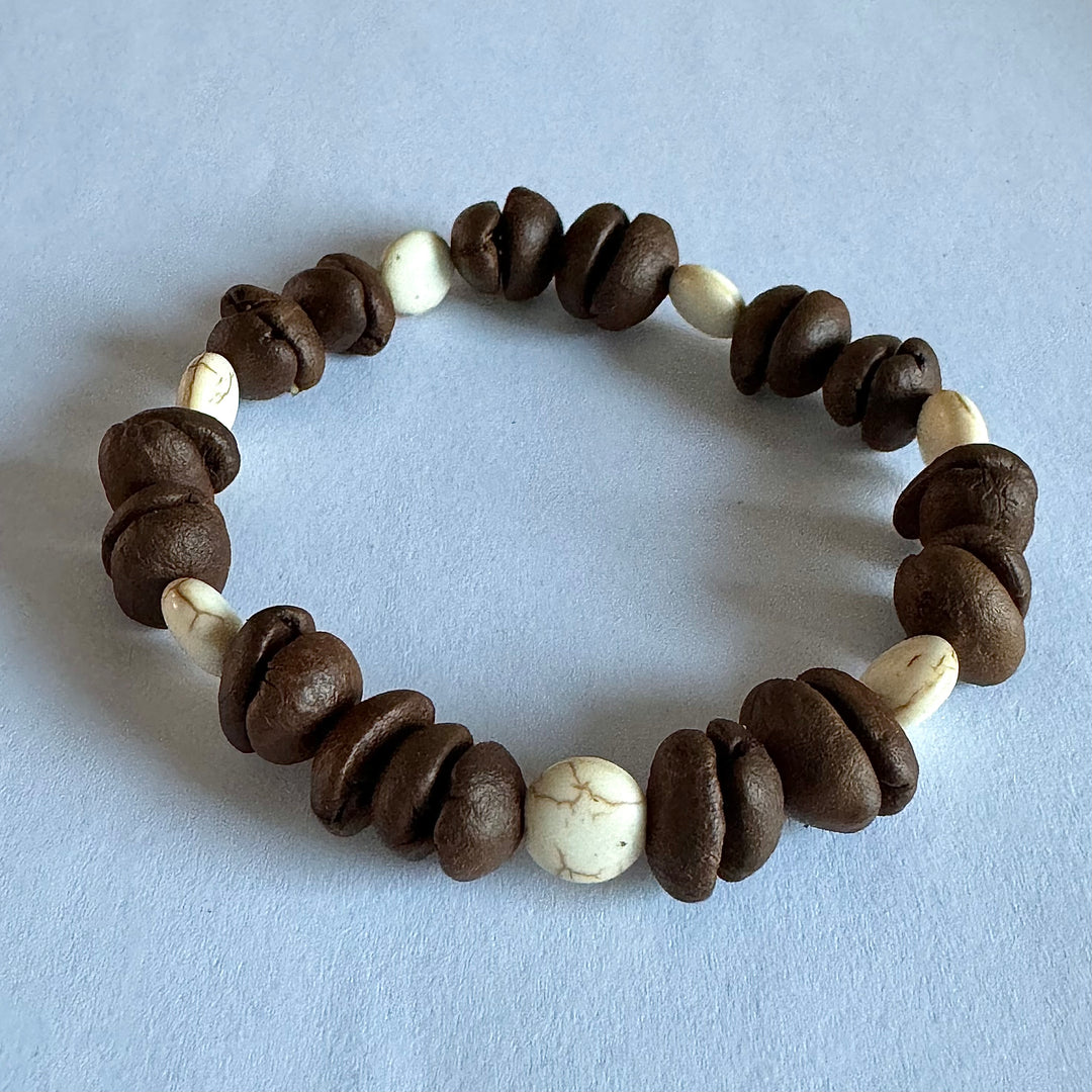 Handmade Natural Coffee Bean & White Turquoise Collection Bracelet - Eco-friendly Stretch Beaded Bracelet, Unique Coffee Themed Jewelry For Men And Women