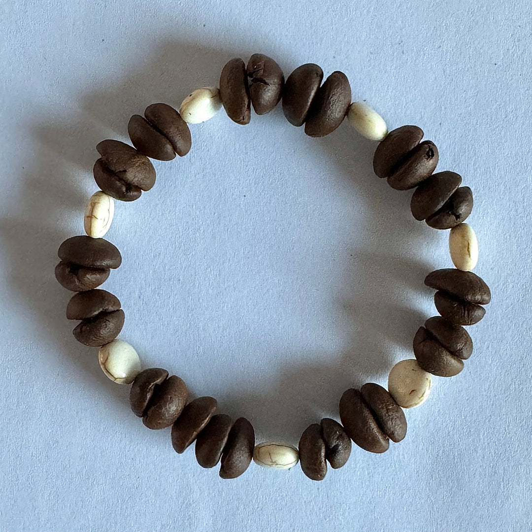 Handmade Natural Coffee Bean & White Turquoise Collection Bracelet - Eco-friendly Stretch Beaded Bracelet, Unique Coffee Themed Jewelry For Men And Women