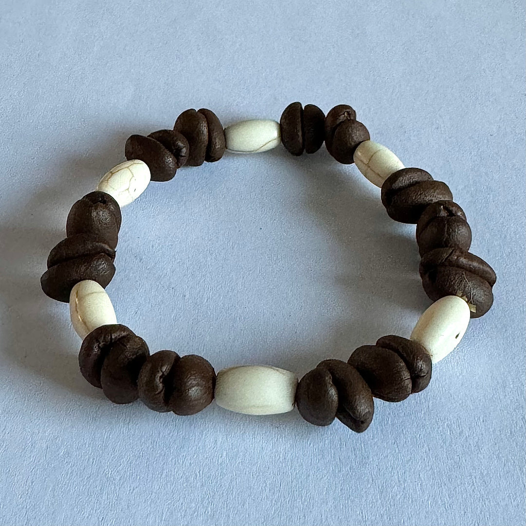 Handmade Natural Coffee Bean & White Turquoise Collection Bracelet - Eco-friendly Stretch Beaded Bracelet, Unique Coffee Themed Jewelry For Men And Women