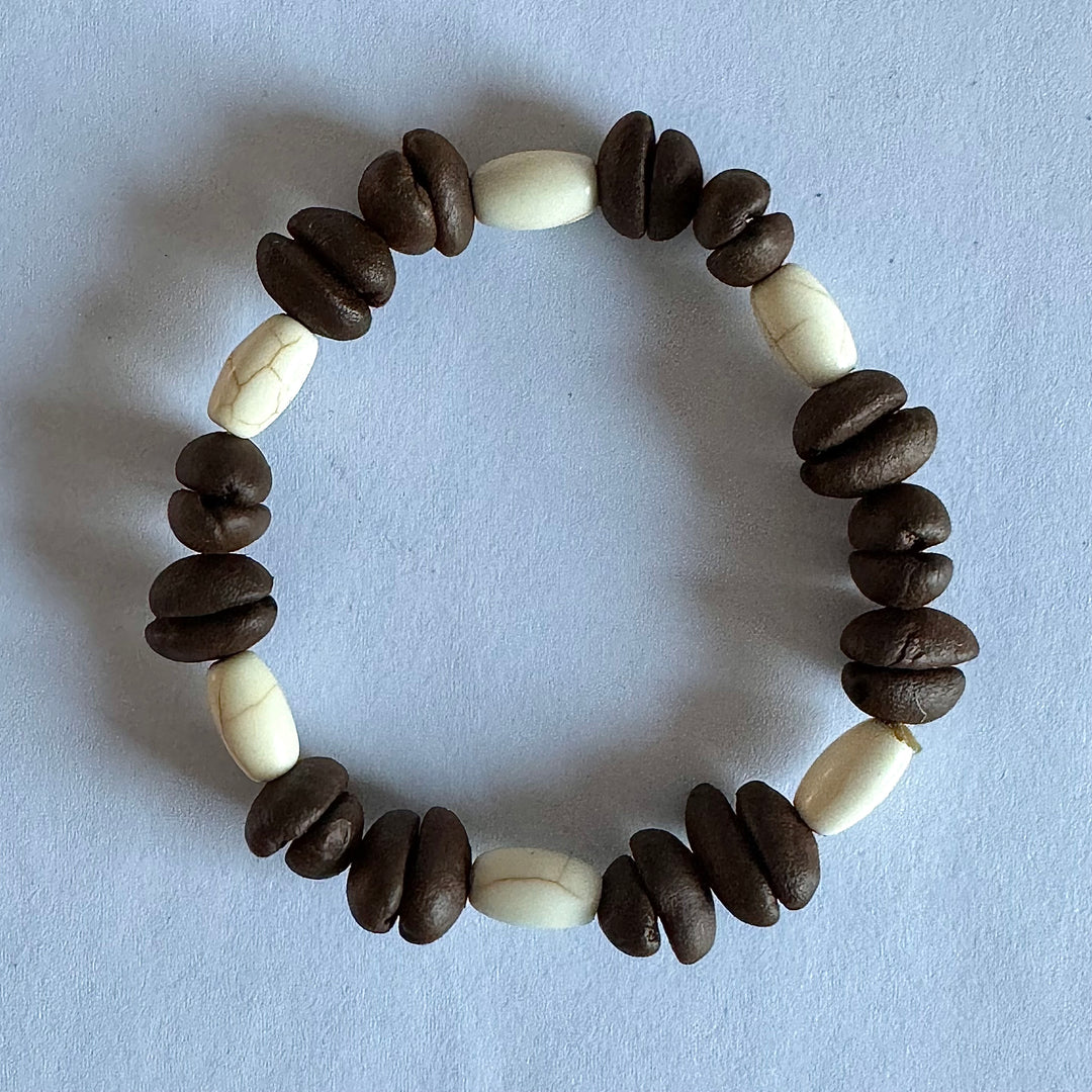 Handmade Natural Coffee Bean & White Turquoise Collection Bracelet - Eco-friendly Stretch Beaded Bracelet, Unique Coffee Themed Jewelry For Men And Women