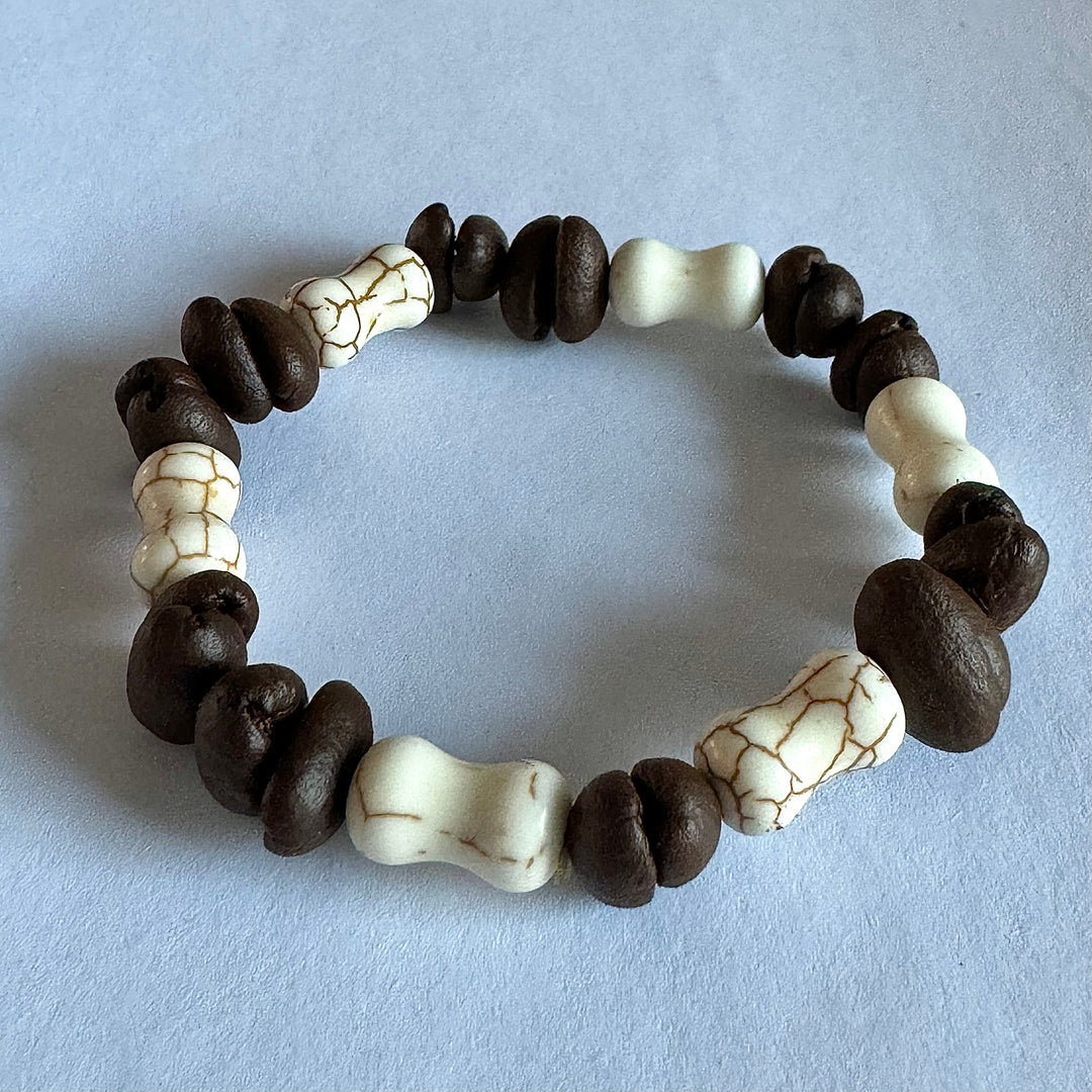 Handmade Natural Coffee Bean & White Turquoise Collection Bracelet - Eco-friendly Stretch Beaded Bracelet, Unique Coffee Themed Jewelry For Men And Women