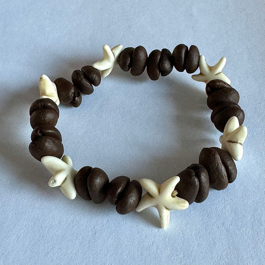 Handmade Natural Coffee Bean & White Turquoise Collection Bracelet - Eco-friendly Stretch Beaded Bracelet, Unique Coffee Themed Jewelry For Men And Women