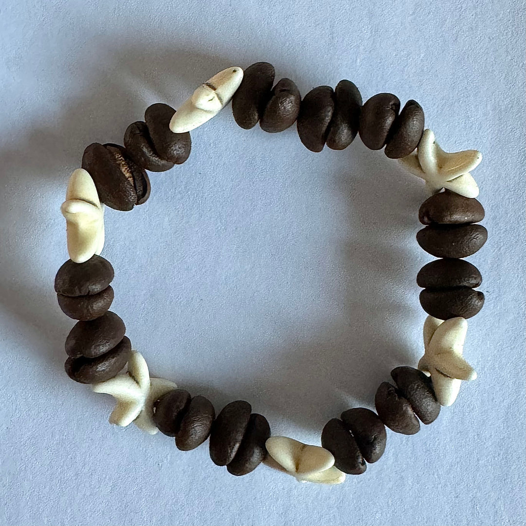 Handmade Natural Coffee Bean & White Turquoise Collection Bracelet - Eco-friendly Stretch Beaded Bracelet, Unique Coffee Themed Jewelry For Men And Women