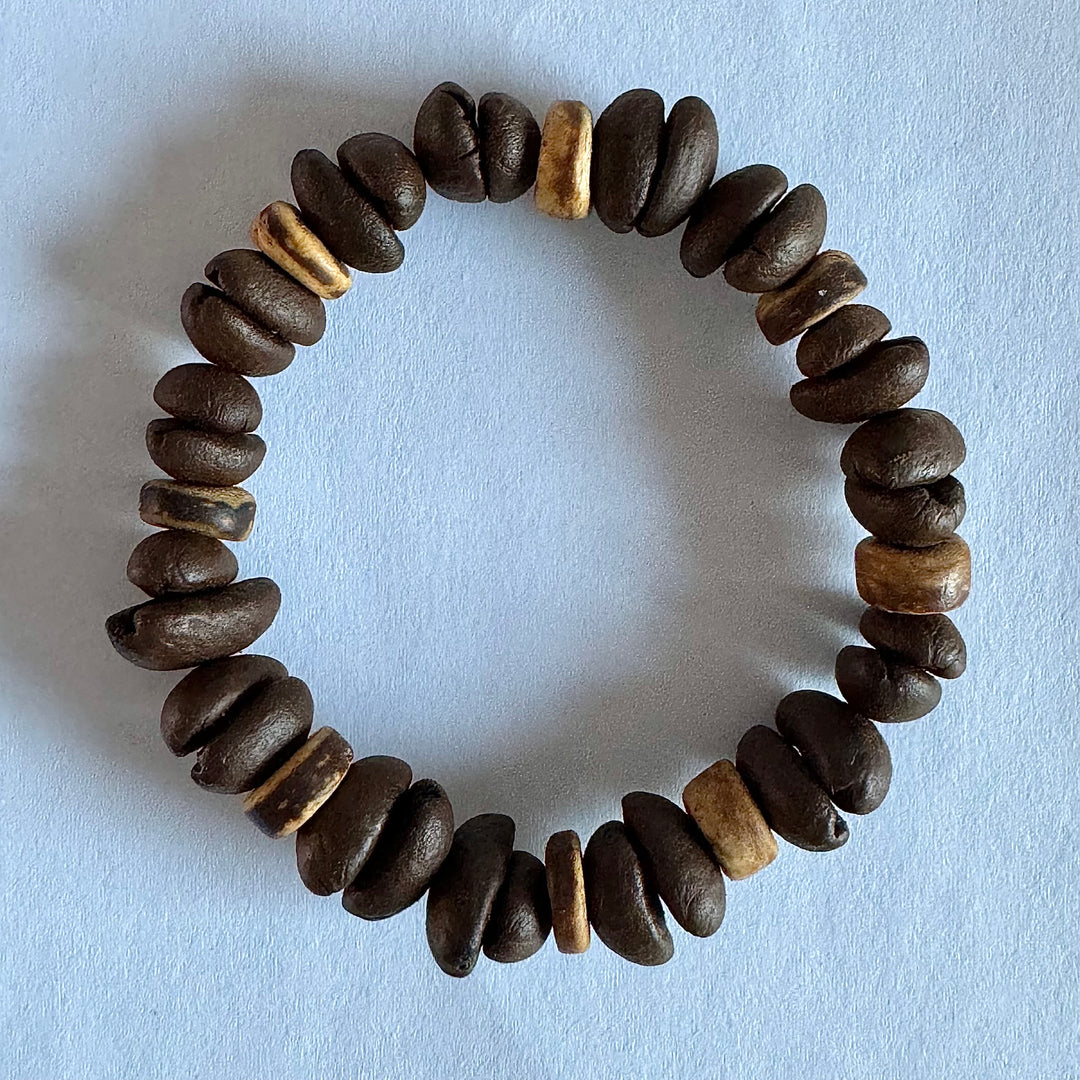 Handmade Natural Coffee Bean and Coconut Shell, Stretch Beaded Bracelet - Eco-Friendly, Bohemian Jewelry for Men and Women, Unique Gift.