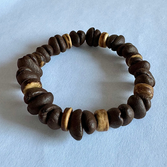 Handmade Natural Coffee Bean and Coconut Shell, Stretch Beaded Bracelet - Eco-Friendly, Bohemian Jewelry for Men and Women, Unique Gift.