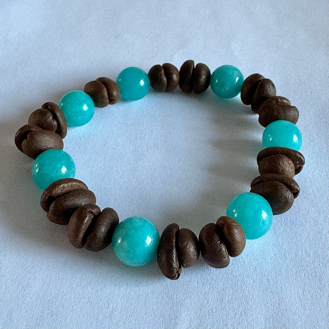 Handmade Stretch Coffee Bean Beaded Bracelet with Blue Turquoise Matching, Real Coffee Bean Charm Bracelet, Unique Eco-friendly Jewelry for Men and Women