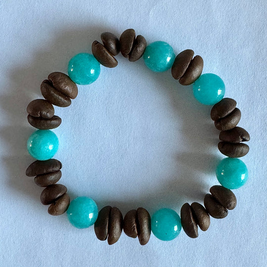 Handmade Stretch Coffee Bean Beaded Bracelet with Blue Turquoise Matching, Real Coffee Bean Charm Bracelet, Unique Eco-friendly Jewelry for Men and Women