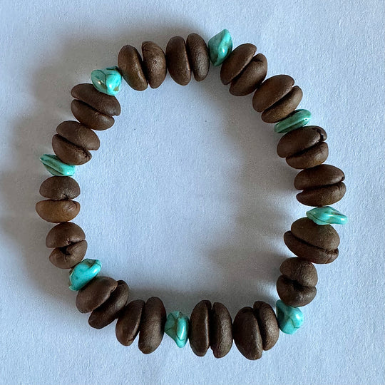 Handmade Stretch Coffee Bean Beaded Bracelet with Blue Turquoise Matching, Real Coffee Bean Charm Bracelet, Unique Eco-friendly Jewelry for Men and Women