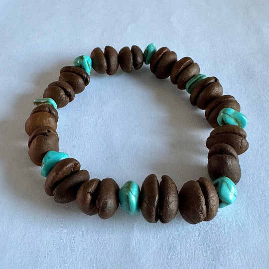 Handmade Stretch Coffee Bean Beaded Bracelet with Blue Turquoise Matching, Real Coffee Bean Charm Bracelet, Unique Eco-friendly Jewelry for Men and Women