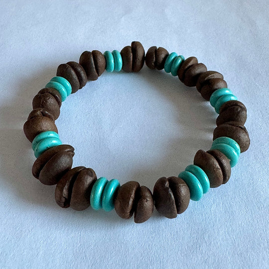 Handmade Stretch Coffee Bean Beaded Bracelet with Blue Turquoise Matching, Real Coffee Bean Charm Bracelet, Unique Eco-friendly Jewelry for Men and Women