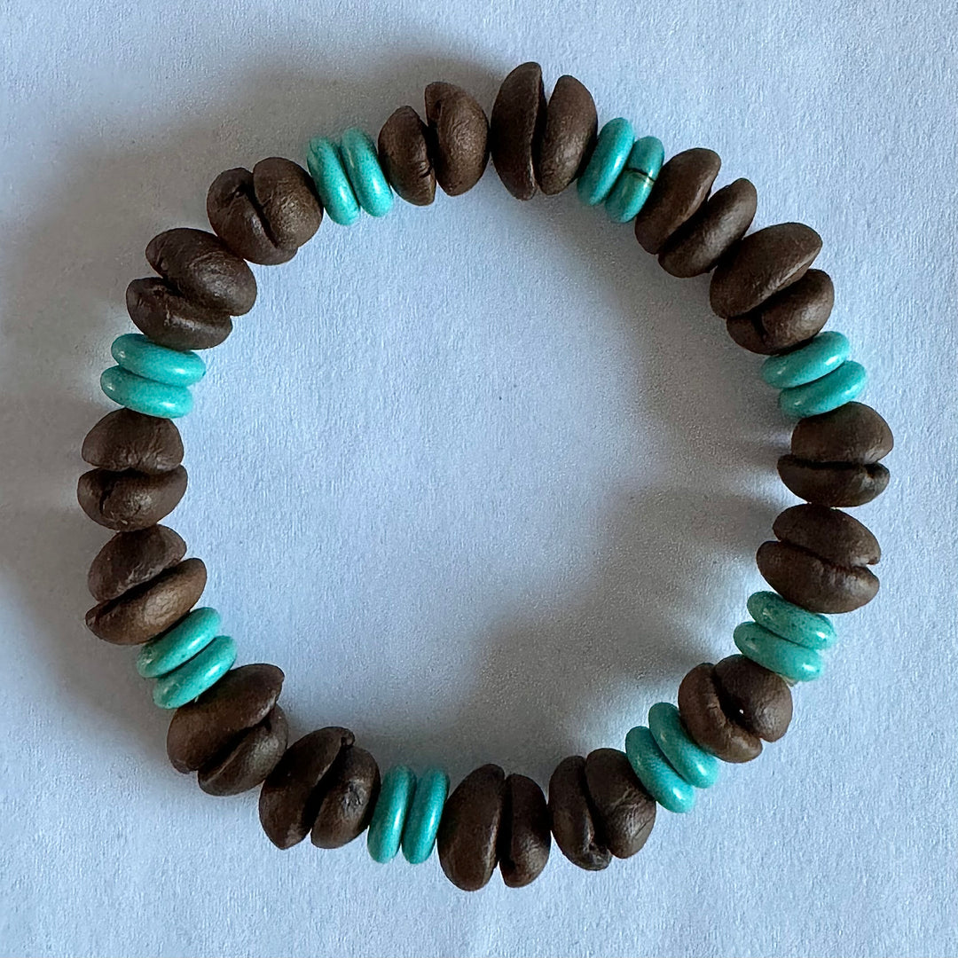 Handmade Stretch Coffee Bean Beaded Bracelet with Blue Turquoise Matching, Real Coffee Bean Charm Bracelet, Unique Eco-friendly Jewelry for Men and Women