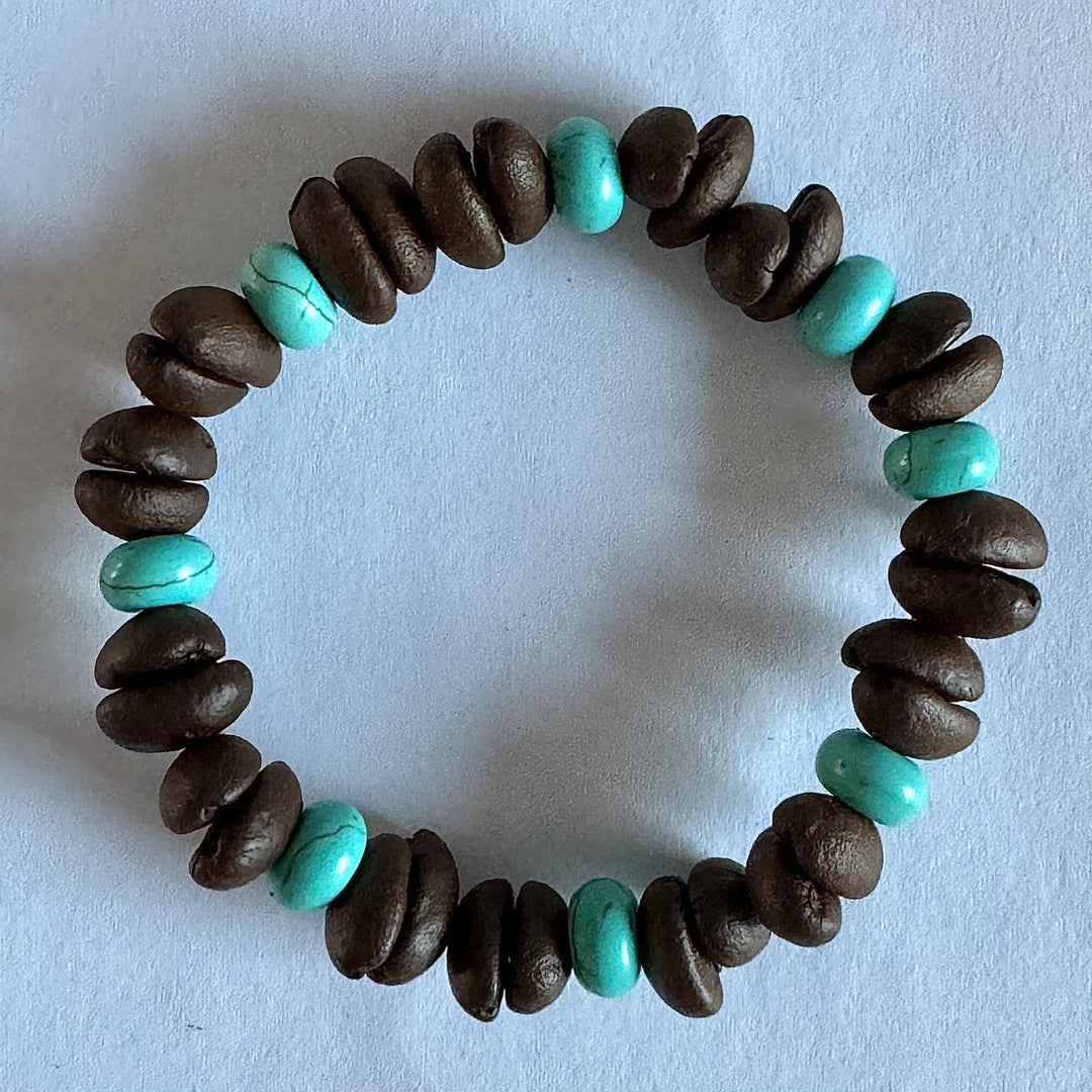 Handmade Stretch Coffee Bean Beaded Bracelet with Blue Turquoise Matching, Real Coffee Bean Charm Bracelet, Unique Eco-friendly Jewelry for Men and Women