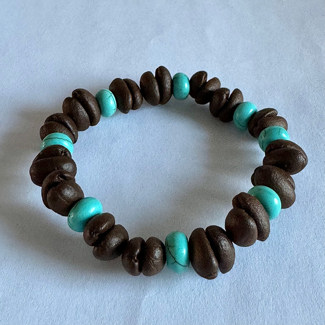 Handmade Stretch Coffee Bean Beaded Bracelet with Blue Turquoise Matching, Real Coffee Bean Charm Bracelet, Unique Eco-friendly Jewelry for Men and Women