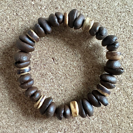 Handmade Natural Coffee Bean and Coconut Shell, Stretch Beaded Bracelet - Eco-Friendly, Bohemian Jewelry for Men and Women, Unique Gift.