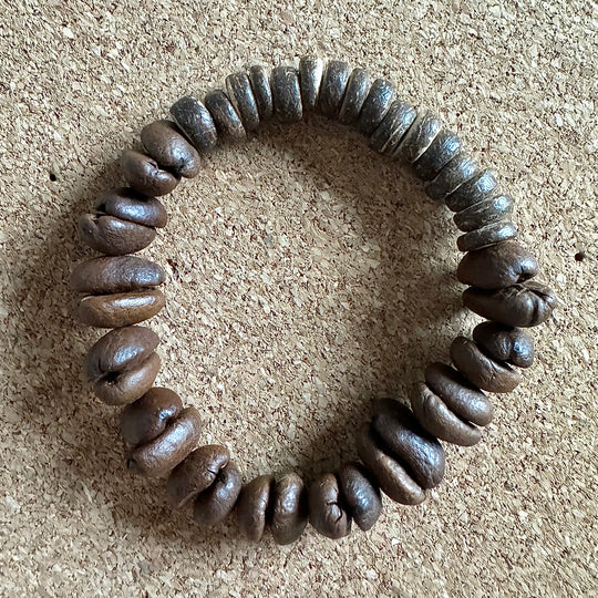 Handmade Natural Coffee Bean and Coconut Shell, Stretch Beaded Bracelet - Eco-Friendly, Bohemian Jewelry for Men and Women, Unique Gift.