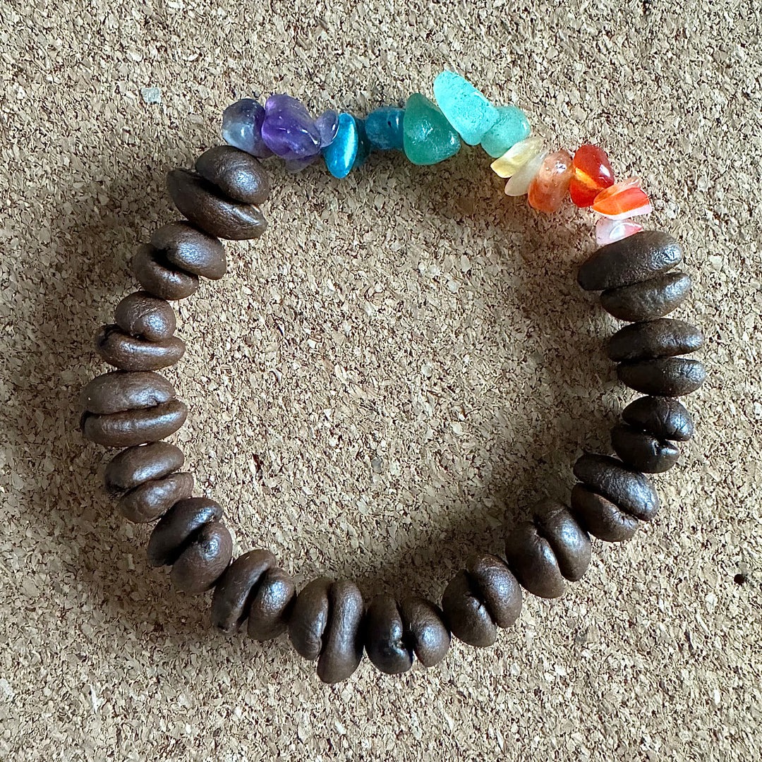 Handmade Natural Coffee Bean Bracelet With Colorful Crystal Shards, Stretchy Beaded Bracelet For Men And Women, Suitable For Meditation, Healing And Daily Wear For Good Luck And Health