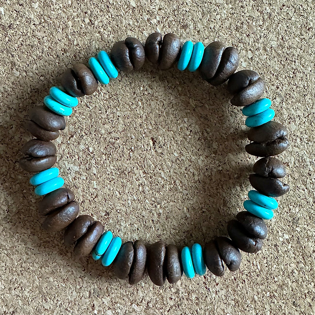 Handmade Stretch Coffee Bean Beaded Bracelet with Blue Turquoise Matching, Real Coffee Bean Charm Bracelet, Unique Eco-friendly Jewelry for Men and Women