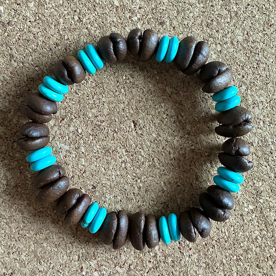 Handmade Stretch Coffee Bean Beaded Bracelet with Blue Turquoise Matching, Real Coffee Bean Charm Bracelet, Unique Eco-friendly Jewelry for Men and Women