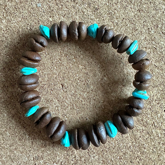 Handmade Stretch Coffee Bean Beaded Bracelet with Blue Turquoise Matching, Real Coffee Bean Charm Bracelet, Unique Eco-friendly Jewelry for Men and Women