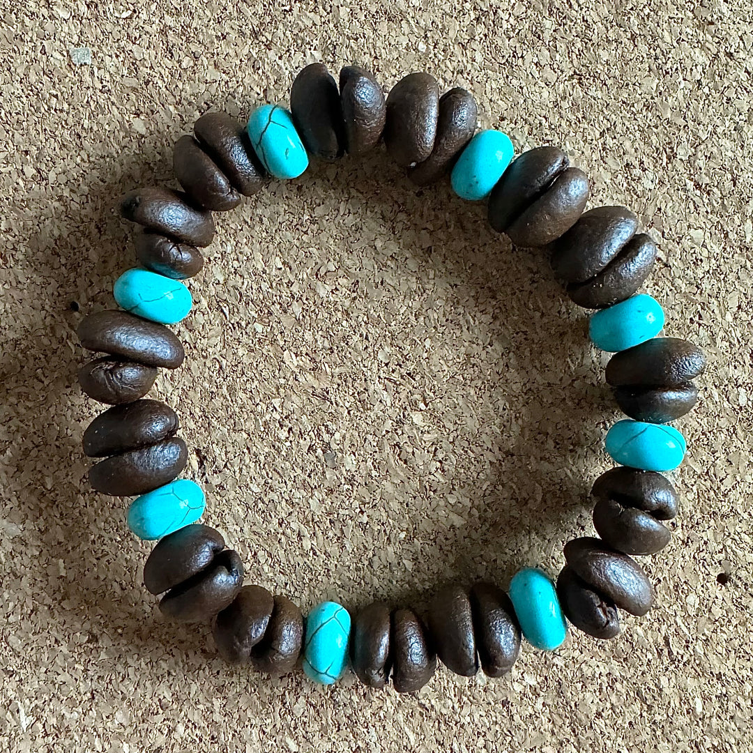 Handmade Stretch Coffee Bean Beaded Bracelet with Blue Turquoise Matching, Real Coffee Bean Charm Bracelet, Unique Eco-friendly Jewelry for Men and Women