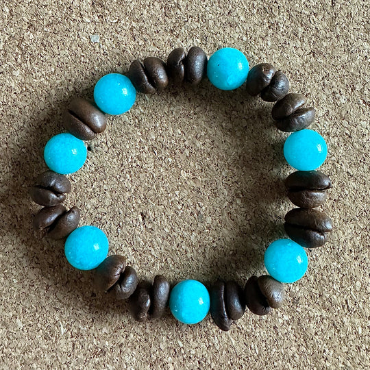 Handmade Stretch Coffee Bean Beaded Bracelet with Blue Turquoise Matching, Real Coffee Bean Charm Bracelet, Unique Eco-friendly Jewelry for Men and Women