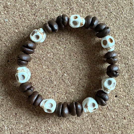 Handmade Natural Coffee Bean & White Turquoise Collection Bracelet - Eco-friendly Stretch Beaded Bracelet, Unique Coffee Themed Jewelry For Men And Women