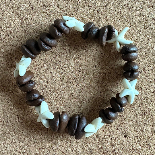 Handmade Natural Coffee Bean & White Turquoise Collection Bracelet - Eco-friendly Stretch Beaded Bracelet, Unique Coffee Themed Jewelry For Men And Women