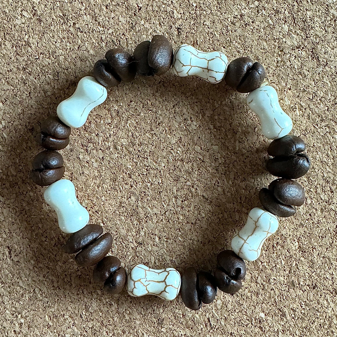 Handmade Natural Coffee Bean & White Turquoise Collection Bracelet - Eco-friendly Stretch Beaded Bracelet, Unique Coffee Themed Jewelry For Men And Women