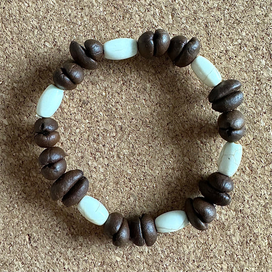 Handmade Natural Coffee Bean & White Turquoise Collection Bracelet - Eco-friendly Stretch Beaded Bracelet, Unique Coffee Themed Jewelry For Men And Women