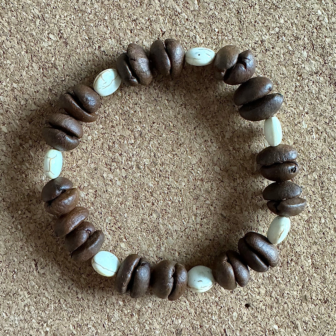 Handmade Natural Coffee Bean & White Turquoise Collection Bracelet - Eco-friendly Stretch Beaded Bracelet, Unique Coffee Themed Jewelry For Men And Women