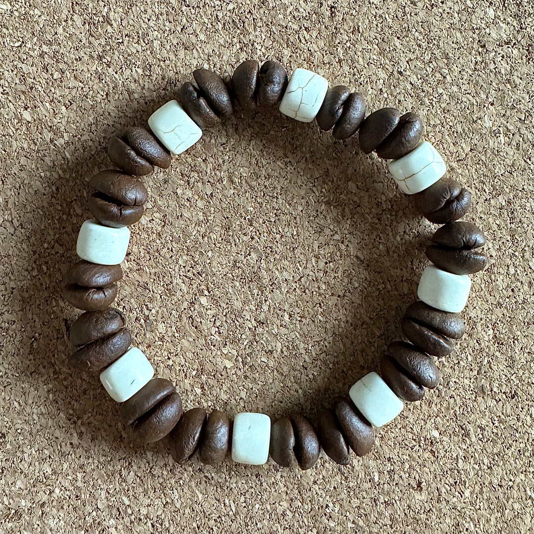 Handmade Natural Coffee Bean & White Turquoise Collection Bracelet - Eco-friendly Stretch Beaded Bracelet, Unique Coffee Themed Jewelry For Men And Women