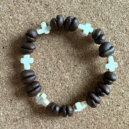 Handmade Natural Coffee Bean & White Turquoise Collection Bracelet - Eco-friendly Stretch Beaded Bracelet, Unique Coffee Themed Jewelry For Men And Women