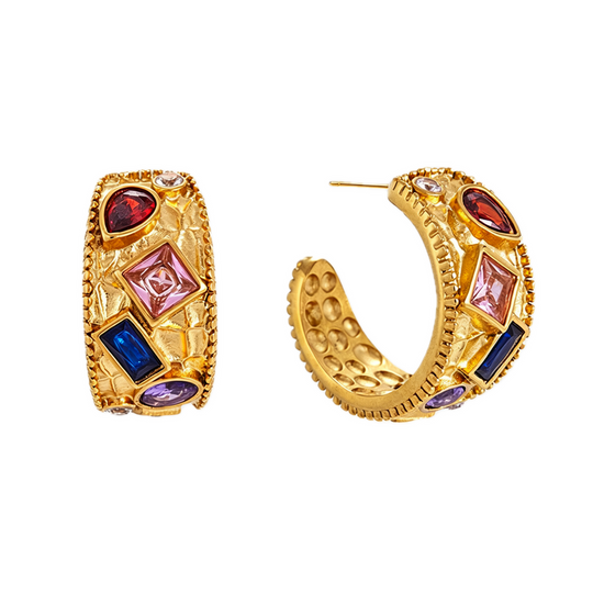 Byzantine Style Wide Hoop Earrings with Multi-Color Gemstones
