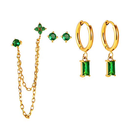 Light Luxury Three-Piece Emerald Green Earring Set