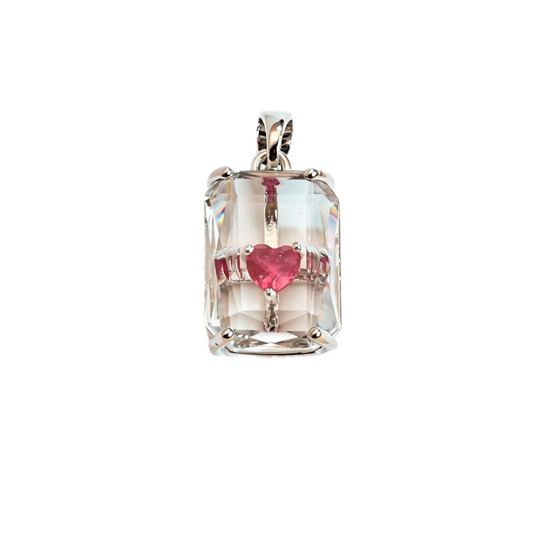 Silver Square Crystal Pendant with Pink-Red Core Stone