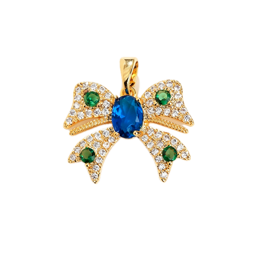 Gold Sapphire &amp; Emerald CZ Bow Pendant