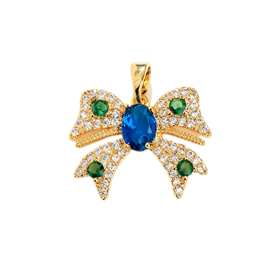 Gold Sapphire &amp; Emerald CZ Bow Pendant