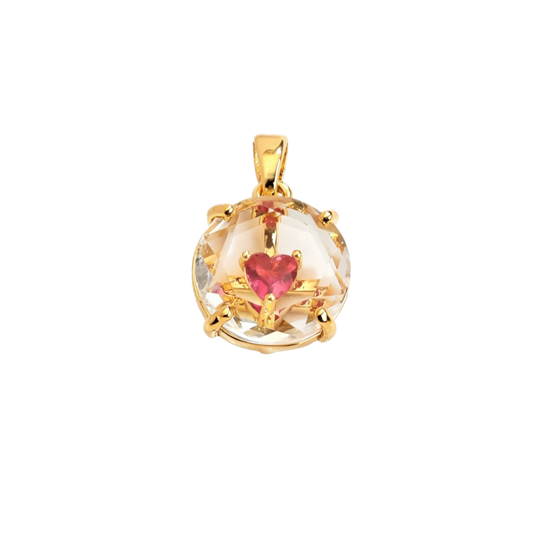 Gold Round Crystal Pendant with Rose Red Core Stone