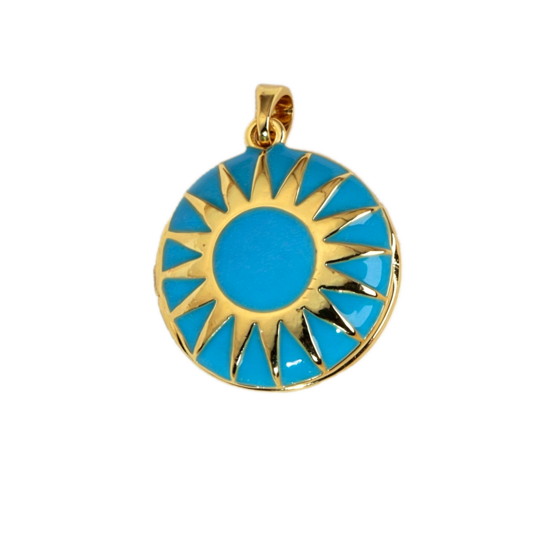 Gold Turquoise Sun Enamel Round Pendant