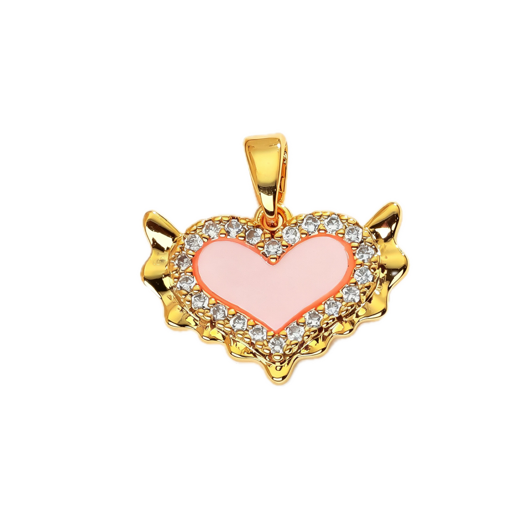 Pink Enamel Angel Wing Heart Pendant