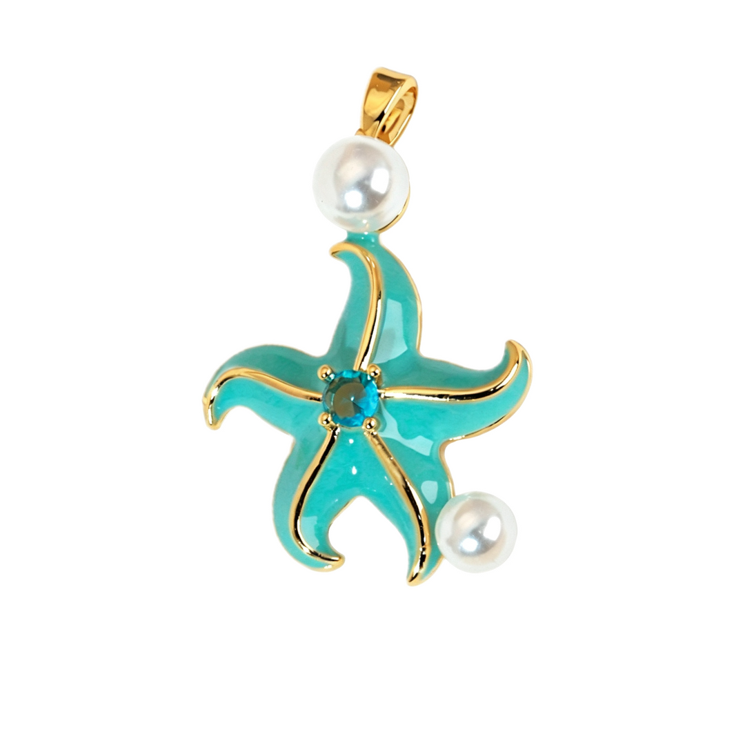 Gold Turquoise Starfish &amp; Pearl Pendant