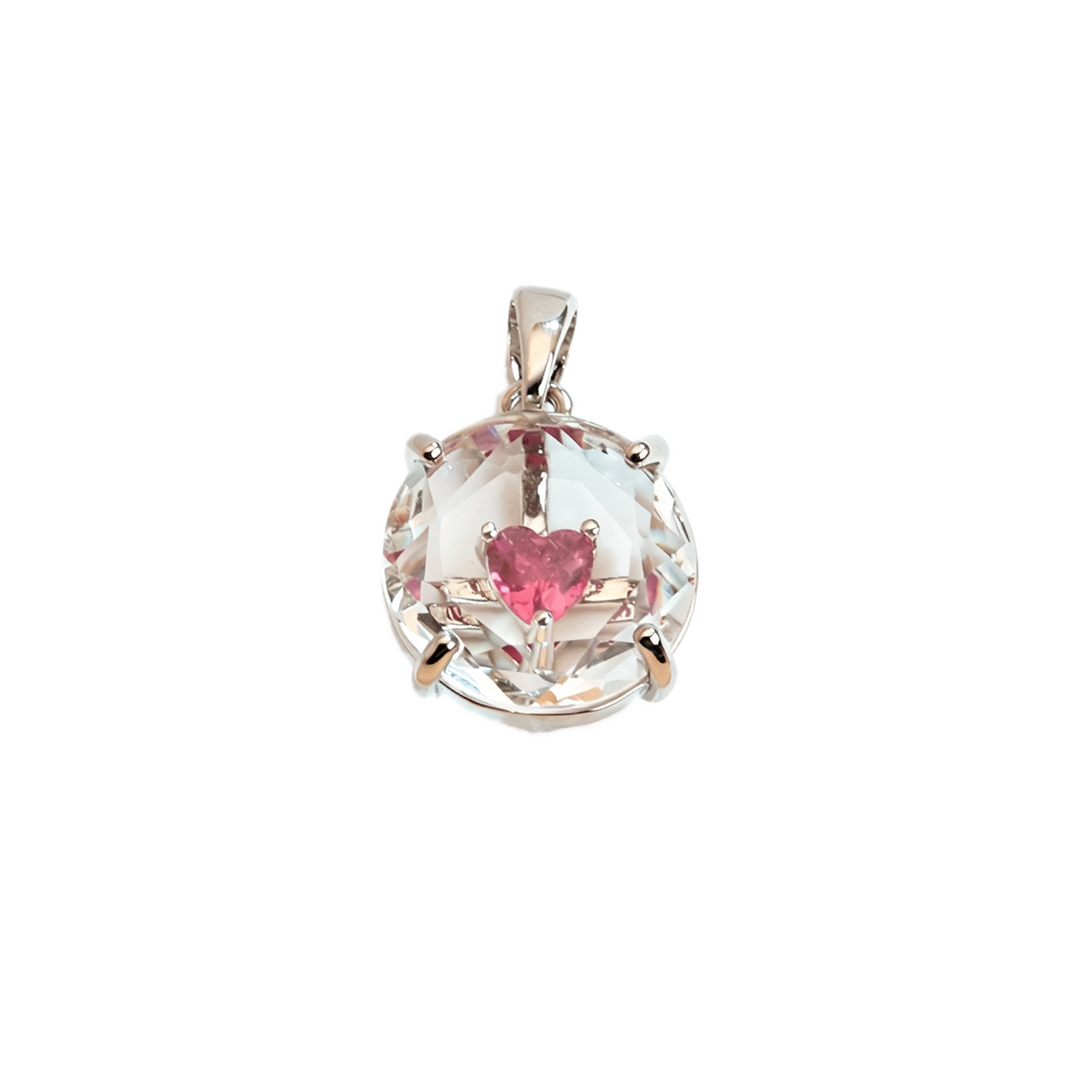 Silver Round Crystal Pendant with Rose Red Core Stone