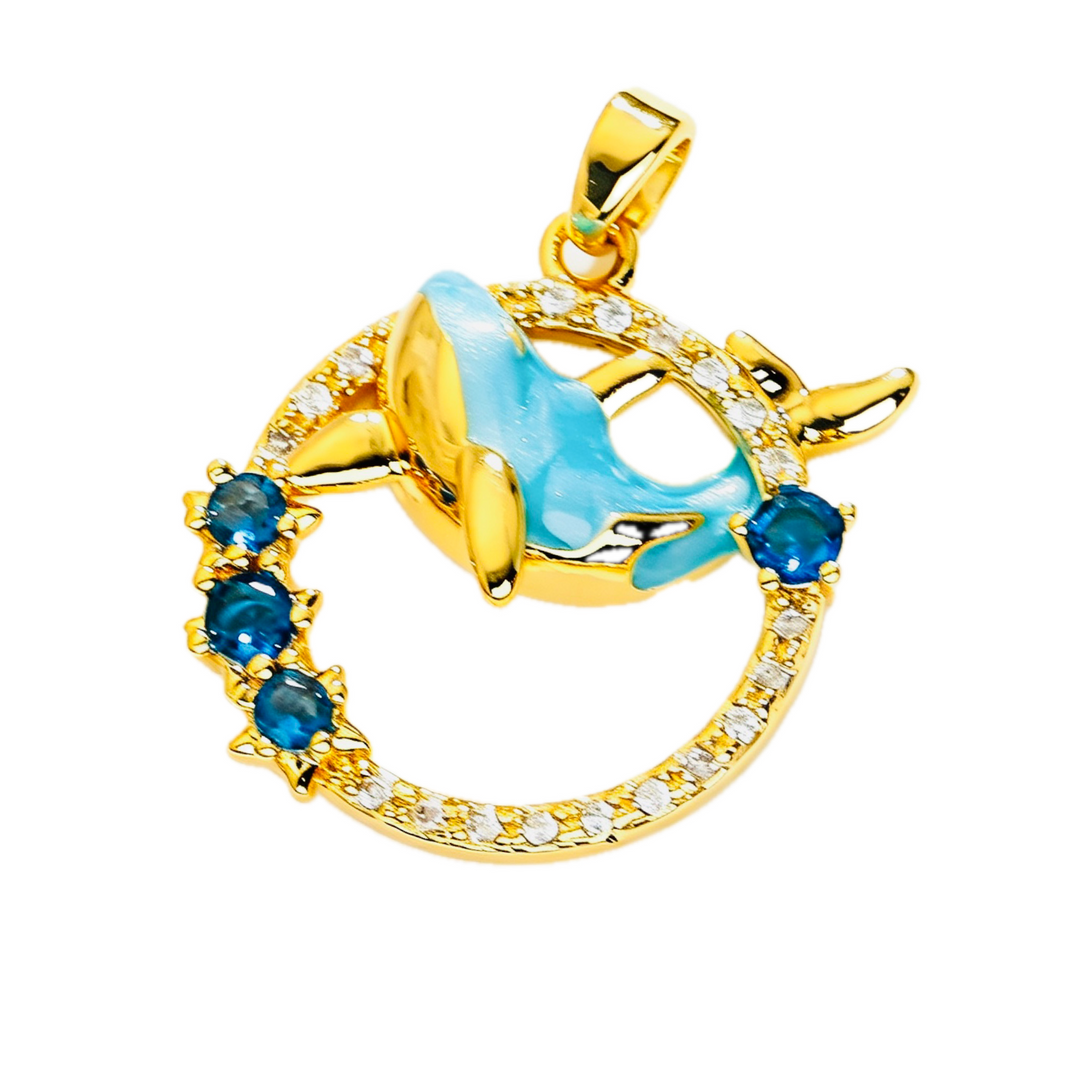 Gold Blue Enamel Dolphin Circle Pendant
