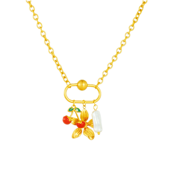 Sweet Cherry &amp; Flower Pearl Pendant Gold Necklace
