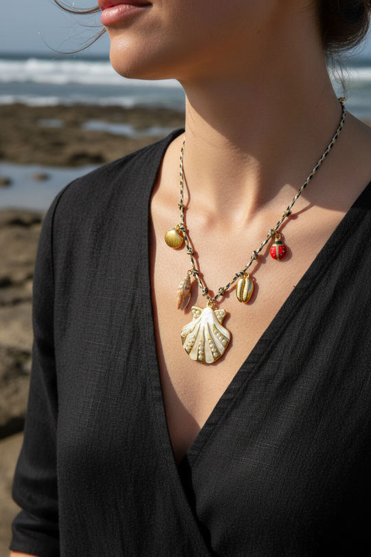 Black Gold Shell Charm Necklace Lifestyle